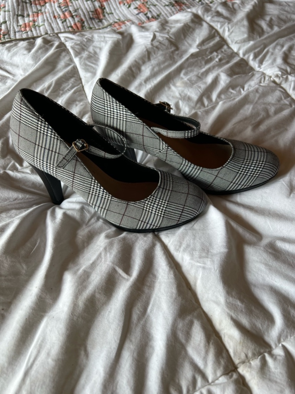 Allegra K Black & White Plaid Mary Jane Heels
